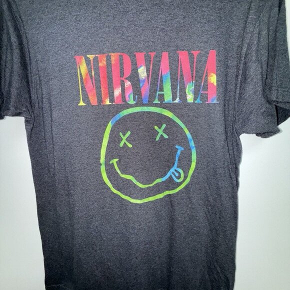 Nirvana Shirt Adult Size Large Charcoal Gray Heather Tie Dye Smiley Short Sleeve - Picture 2 of 4
